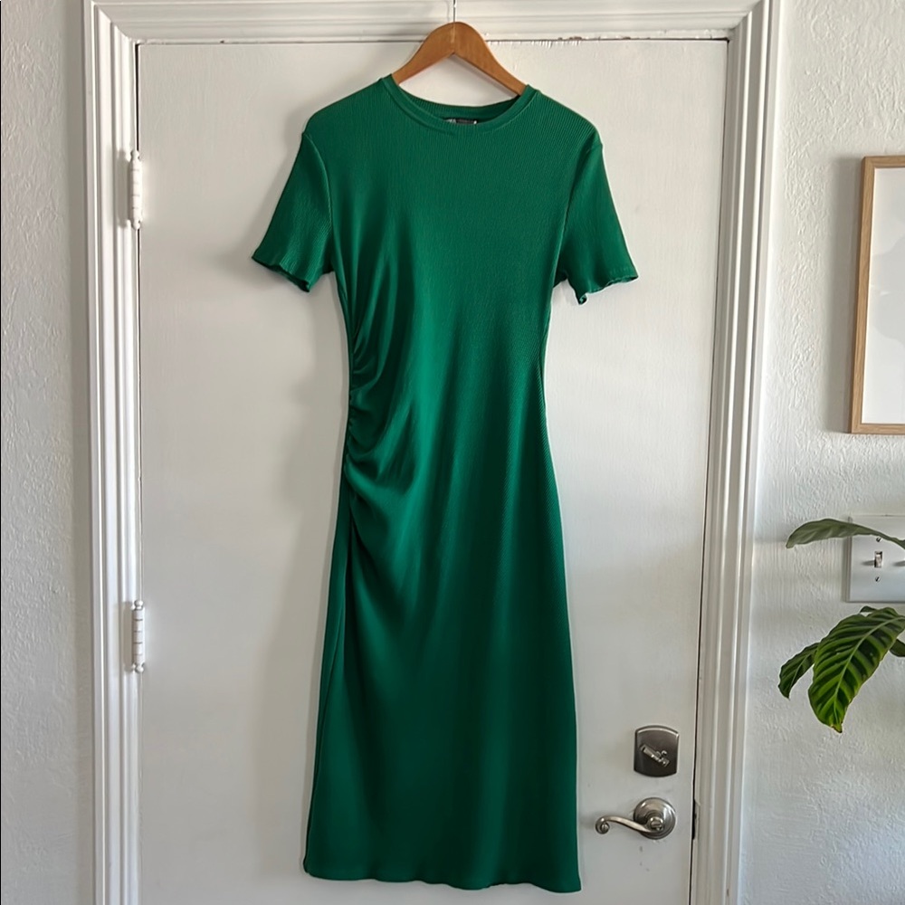 ZARA Green Dress with side Ruching XL - Picture 3 of 11